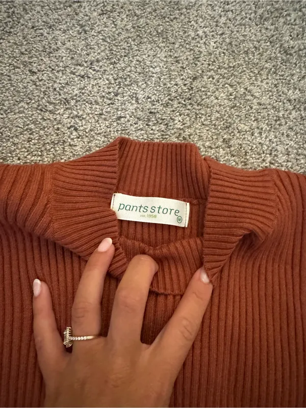 Rust Brown Ribbed Mock Neck Sweater Vest with White Peplum Blouse - Image 2