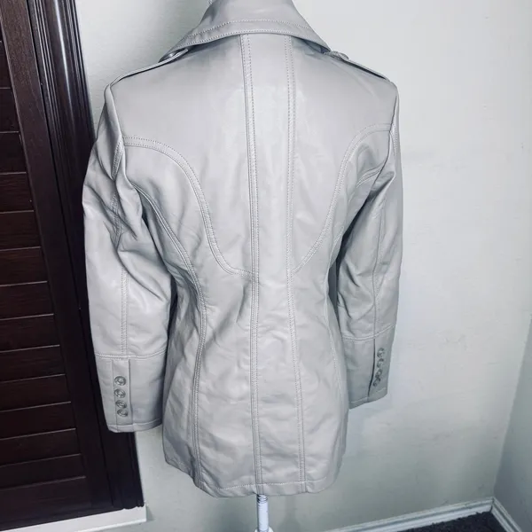 LA Coalition beige Faux Leather Double Breasted Jacket military coat sz Small - Image 3