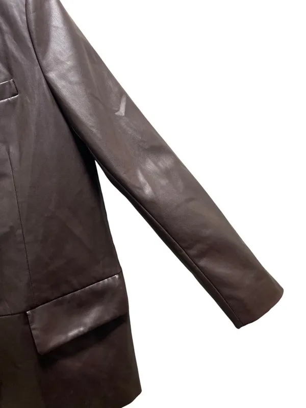 Zara Faux Leather One Button Classic Blazer Brown Size S Minimalist Fall Preppy - Image 10