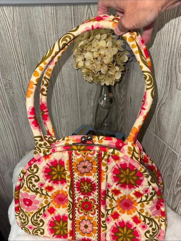 Vera Bradley Floral Quilted Handbag-Pink, Olive & Orange - Image 2