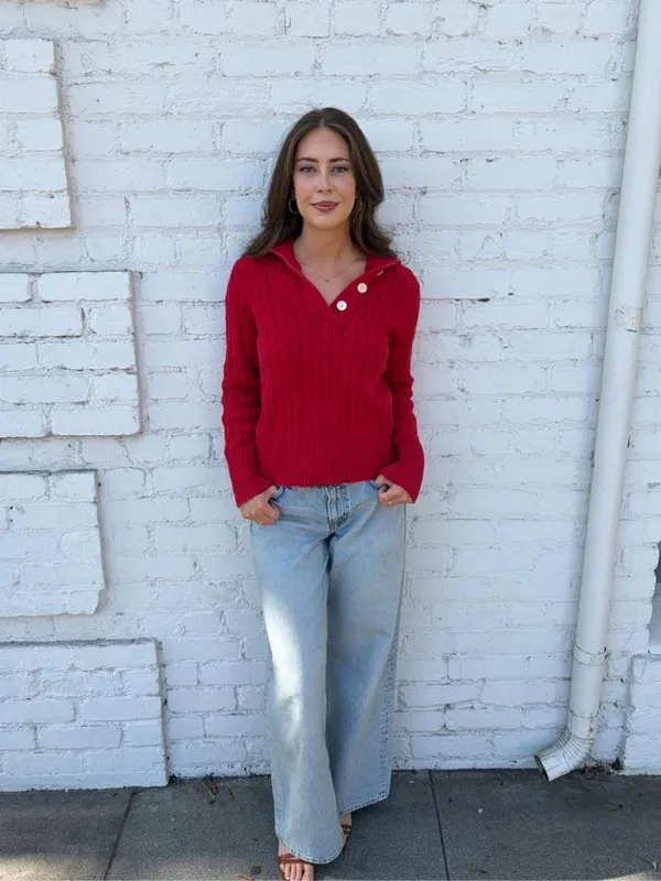 Vtg y2k Red cable knit sweater with button up collar #cableknit #preppy #90s #autumn - Image 4