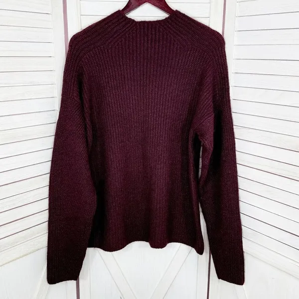 Dip Open Crew Neck Ribbed‎ Knit Wool Blend Sweater Burgundy Red Large - Image 8