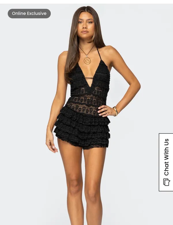 Edikted Lanney Ruffled Sheer Lace Romper - Image 2