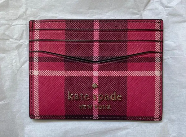 Kate Spade Staci Plaid Small Slim Card Holder wallet red leather - Image 5