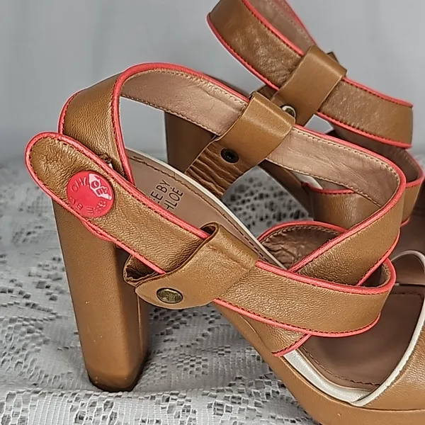 See by Chloe tan pink strappy snap ankle strap open toe block heels sz 6 - Image 4