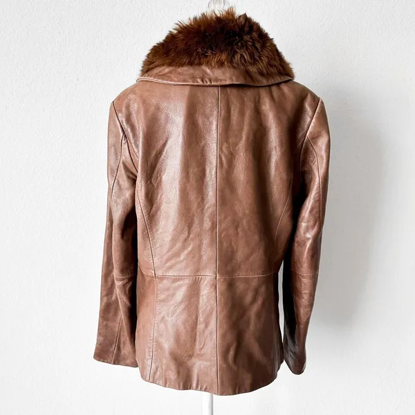 Vintage Brown Rabbit Fur Genuine Leather Moto Jacket Coat Size L - Image 5