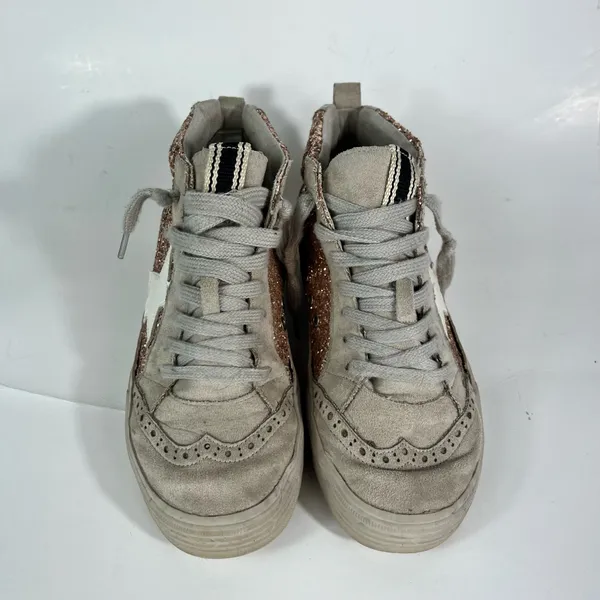 Shu Shop Rina Rose Gold Glitter Star Print High Top Lace Up Sneakers Distressed - Image 2