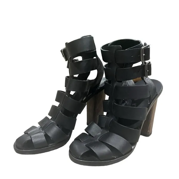 Vince Sandals Caged Strappy Nicolette Womens 5.5M Black Leather Block High Heel - Image 2