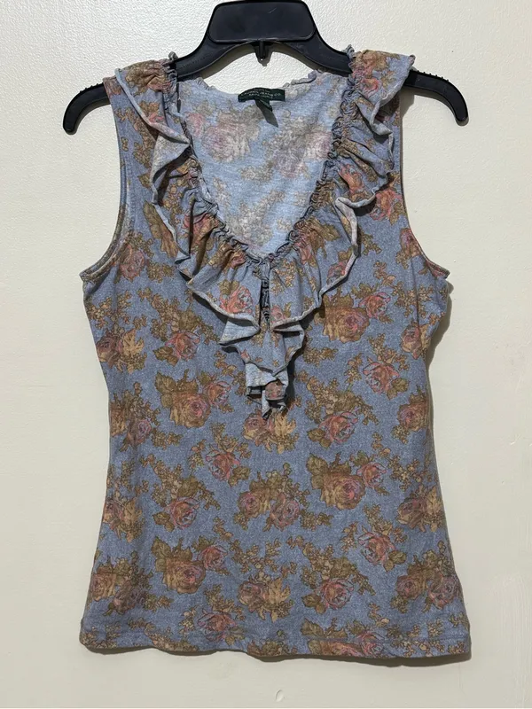 LAUREN JEANS CO. Ralph Lauren Floral Ruffle V-Neck Tank Top M 18” p2p Blue Multi - Image 2
