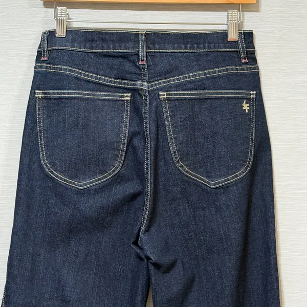 Frayed Jeans Womens High Rise Wide Leg Seam Front Contrast Stitch Indigo Blue 6 - Image 6