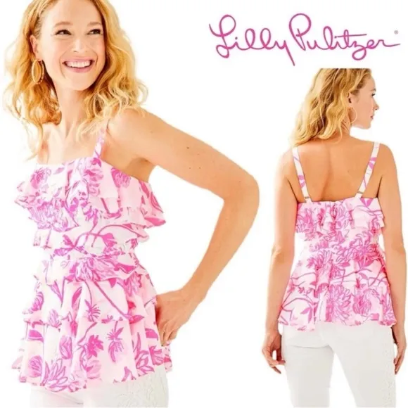 Lilly Pulitzer Olive Top - Pink & white- Resort White Caliente Print, Size 10 - Image 2