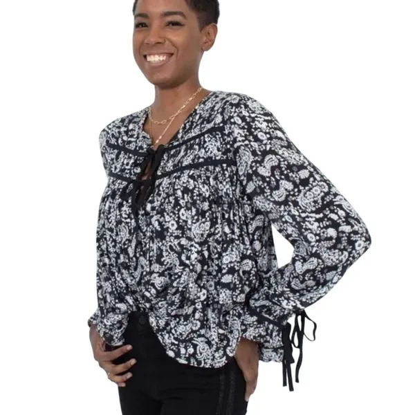 Rebecca Minkoff Shirt Women XL‎ Black Floral Bell Sleeve Top Peasant Whimsigoth - Image 3