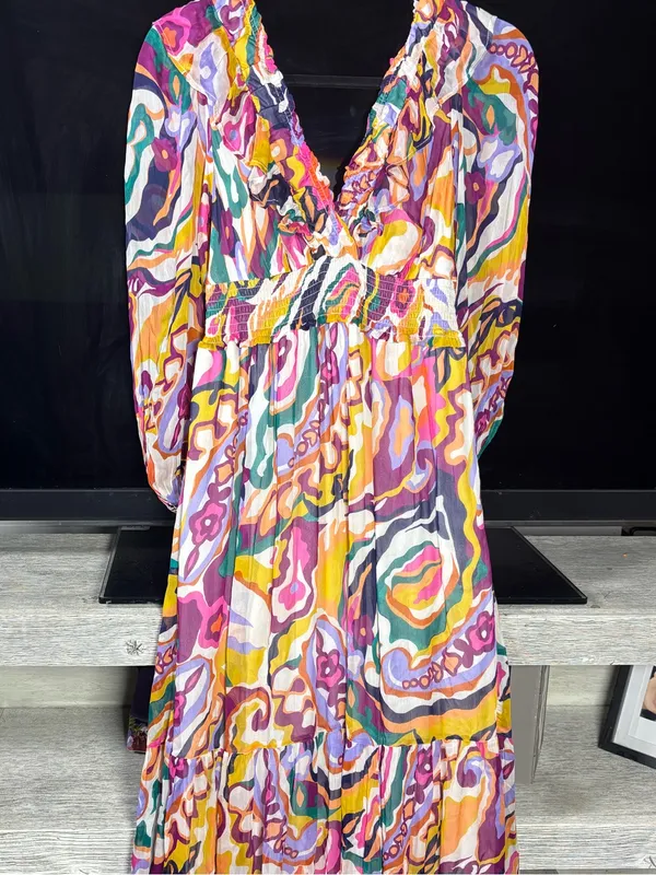 Anthropologie Multicolor Swirl-Print V-Neck Tiered Maxi Dress - Image 4