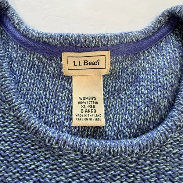 Vintage LL Bean Blue Marled Chunky Knit Cotton Crew Neck Pullover Sweater XL - Image 9
