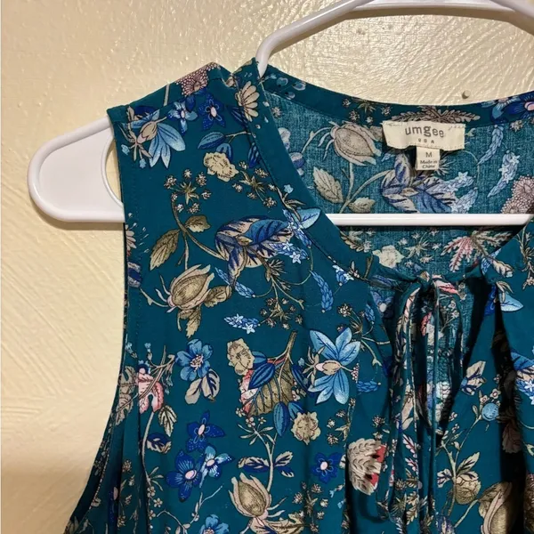 Umgee Teal Floral Sleeveless Boho Tunic Top Tie Neck Size M - Image 7