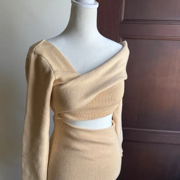 SHOWPO | Butter Cream Yellow Alabama Midi Knit Dress Off Shoulder Cutout Size 2 - Image 3
