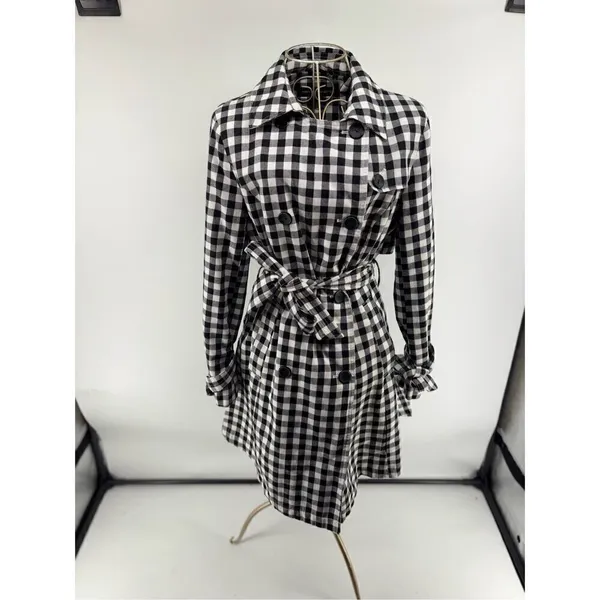 French Connection Gingham Trench Coat Women’s Small Black White Belted - Image 12