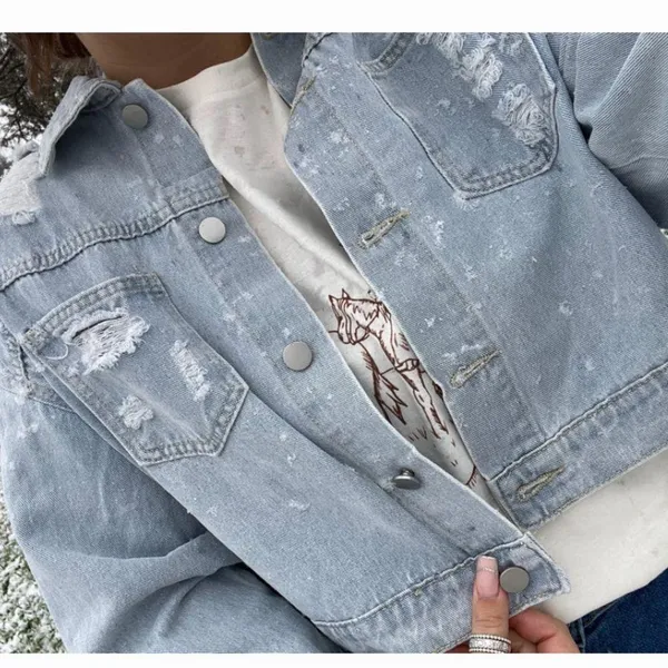 Boutique Rhinestone Cropped Denim Jacket Size XL - Image 2