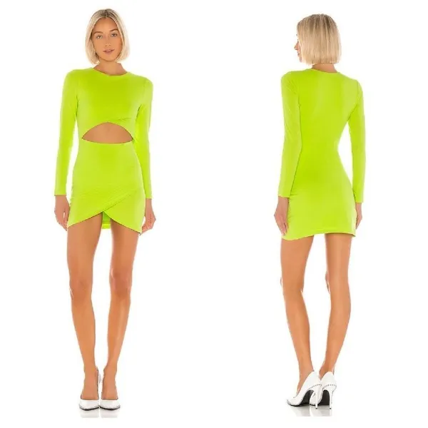 Superdown Kierra Mini Dress Neon Lime Long Sleeve Cut Out BodyCon S - Image 2