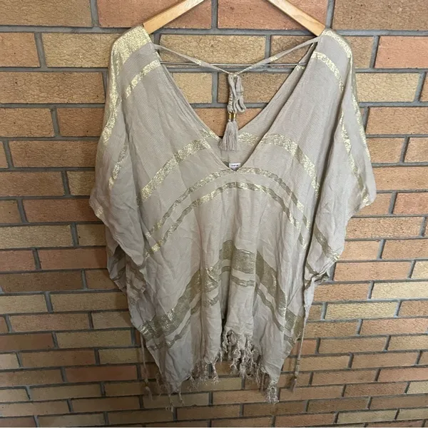LSPACE Seaport Swim Cover Up Cream & Gold Tassel Oversized Shawl Size M/L - Image 4