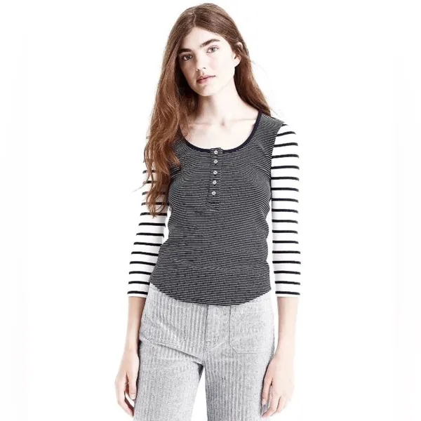 J. Crew Navy and White Striped Scoop Neck Ribbed Long Sleeve Henley - Image 3