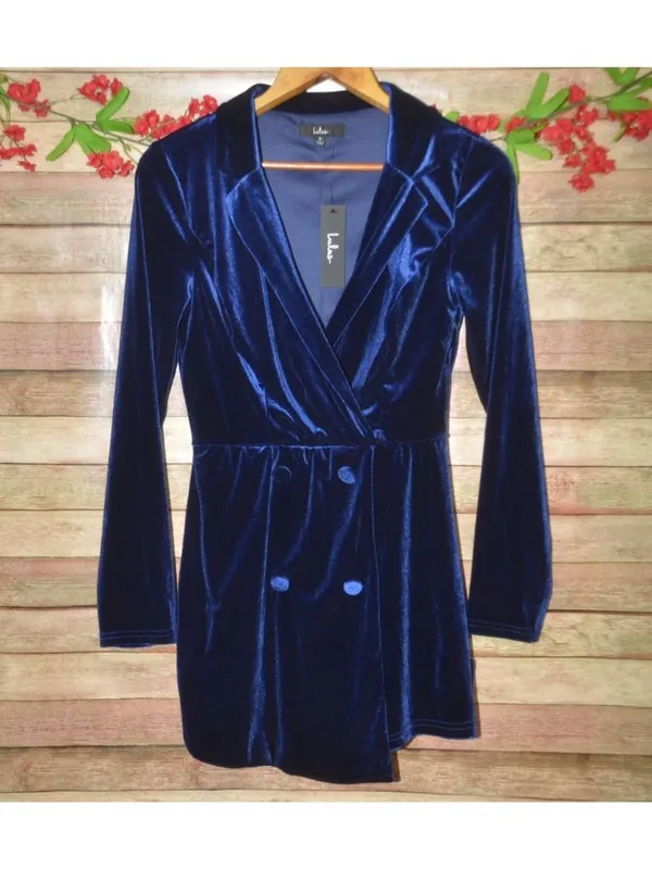 Lulus Velvet Blazer Romper Womens M Navy Blue Long Sleeve Party Holiday NWT - Image 2