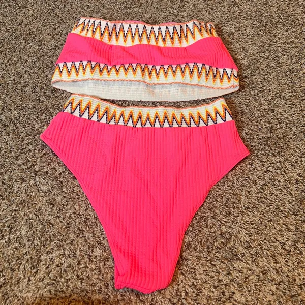 Hot‎ Pink High Waisted Ribbed Bikini Set Womens Extra Large Swimwear - Image 3