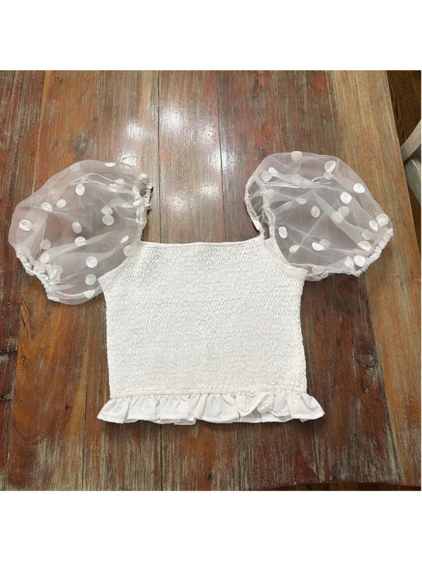 idem ditto White Smocked Puff Sleeve Crop Top NWOT Size Medium Sheer Polka Dot - Image 2