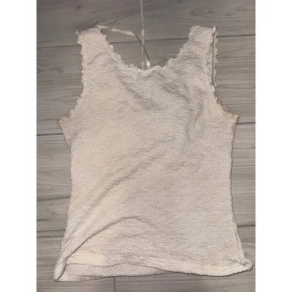 John Galt Brandy Melville Popcorn Crinkle Tank Top Cream Ruffle Ribbon One Size - Image 5
