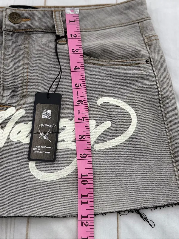 Ed Hardy Gray Denim Mini Skirt with White Script Logo - Image 7