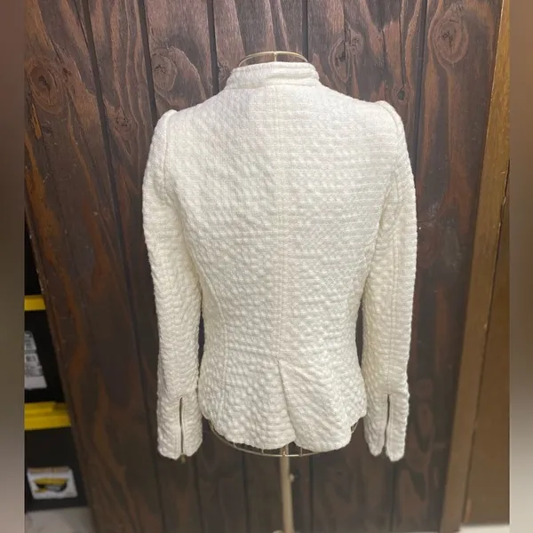Zara Wool Blend Zip Front Textured Blazer Medium Winter White - Image 8