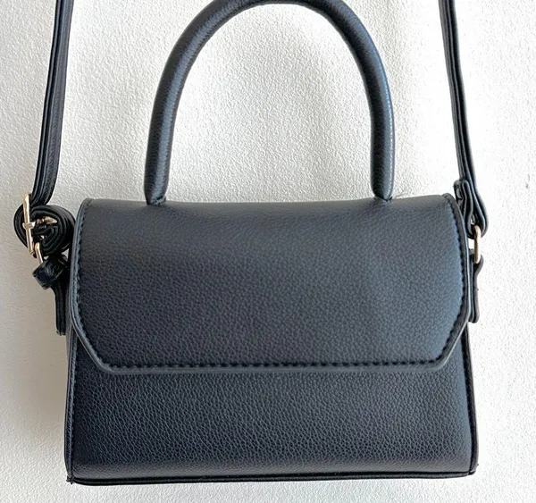 Small Black Top Handle Crossbody Faux Pebble Leather Snap Closure Bag - Image 3