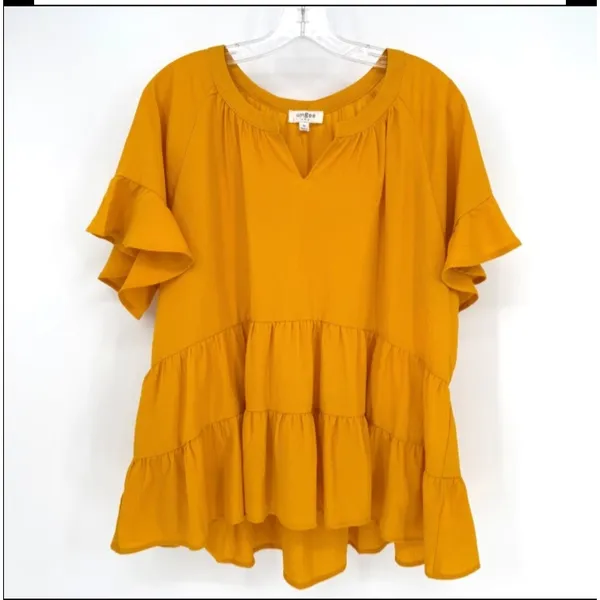 Umgee Babydoll Blouse Women M Mustard Ruffle Tiered Boho Cottagecore Prairie - Image 2