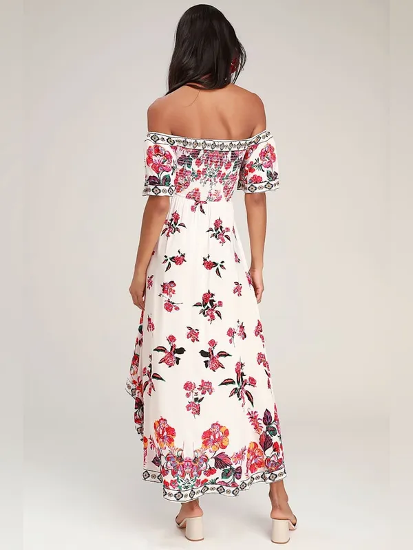 Lulus | Danica Ivory Floral Print Smocked High-Low Maxi Dress, XS - Image 3