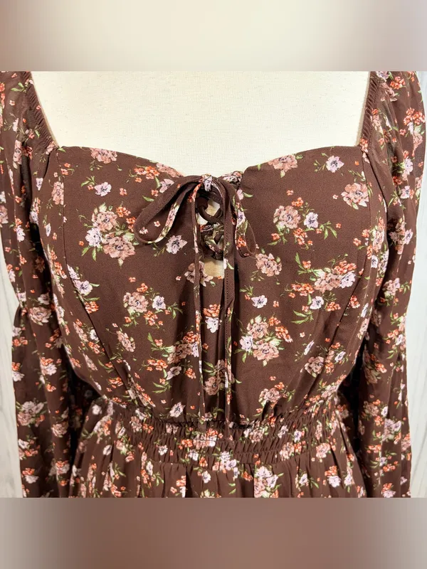 LIVE TO BE SPOILED Y2K Brown Chiffon Pink Floral Long-Sleeve Ruffled Mini Dress‎ - Image 3