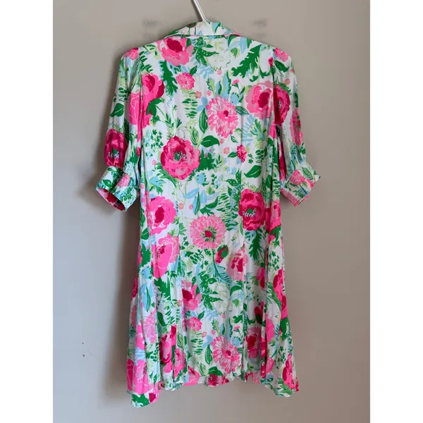 Lilly Pulitzer Shirt Dress Womens 10 Pink Green Floral Puff Sleeve Button Front - Image 3