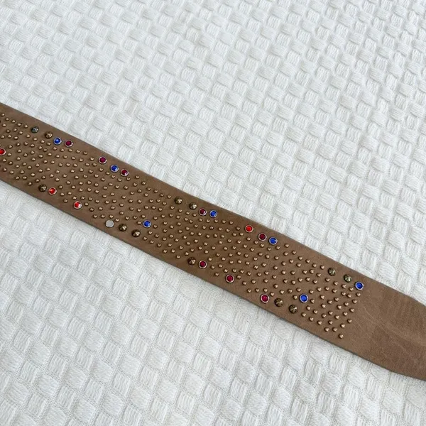 Source Unknown NEW Wide Vegan Leather Belt with Colorful and Metallic Studs Tan Khaki - Image 7