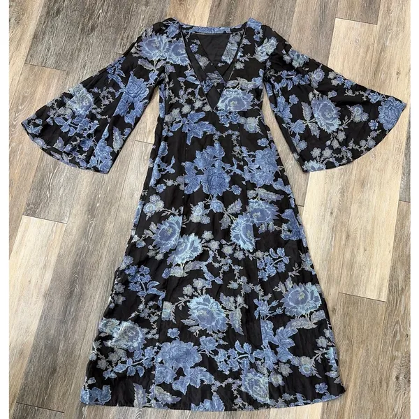 Free People Melrose Floral Maxi Dress Womens 4 Blue Bell Sleeve Boho - Image 2