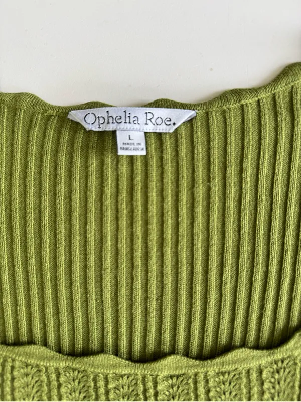 Ophelia Roe Scalloped Square-Neck Ribbed Knit Top in Olive Green Sz Large - Image 5
