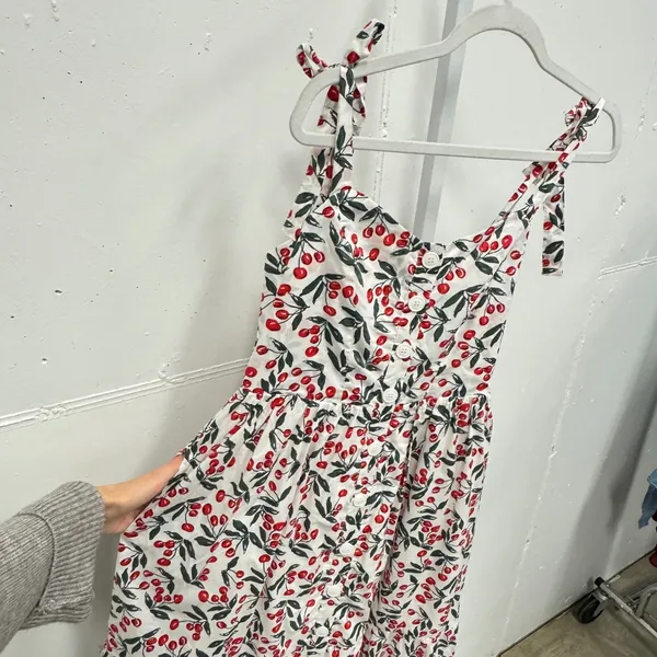 Code Mode Cherry Print Cotton Midi Dress White Red Small Summer Picnic - Image 4