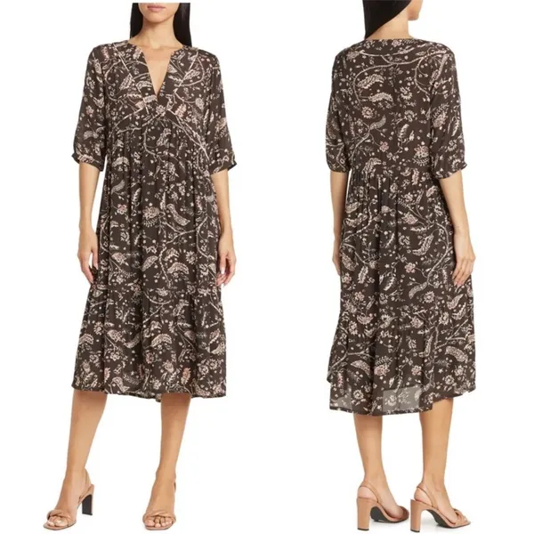 ba&sh Cherry Midi Shift Dress Babydoll V-Neckline Brown Floral Women’s US 6 - Image 2