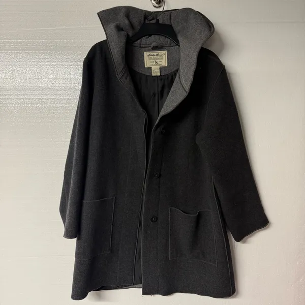 Vintage Eddie Bauer Coat Women M Gray Hood Button Front Wool Nylon Blend Pockets - Image 3