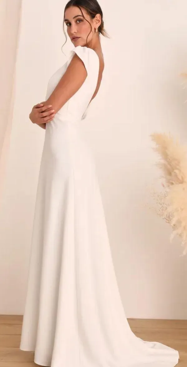 Lulus White Cap Sleeve Wedding Dress with Low Back - Image 2