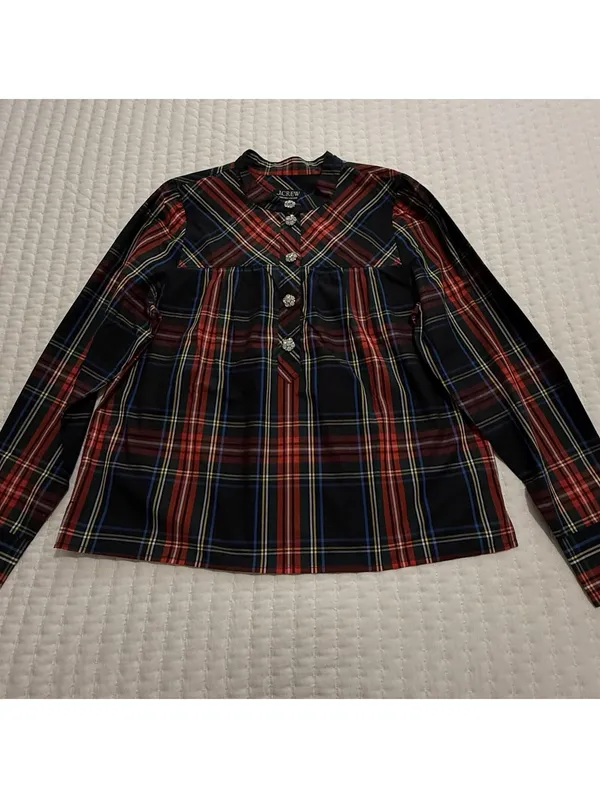 J.Crew Rhinestone Buttons Stewart Tartan Blouse Top Sz S Small NWT Cotton Shirt - Image 11