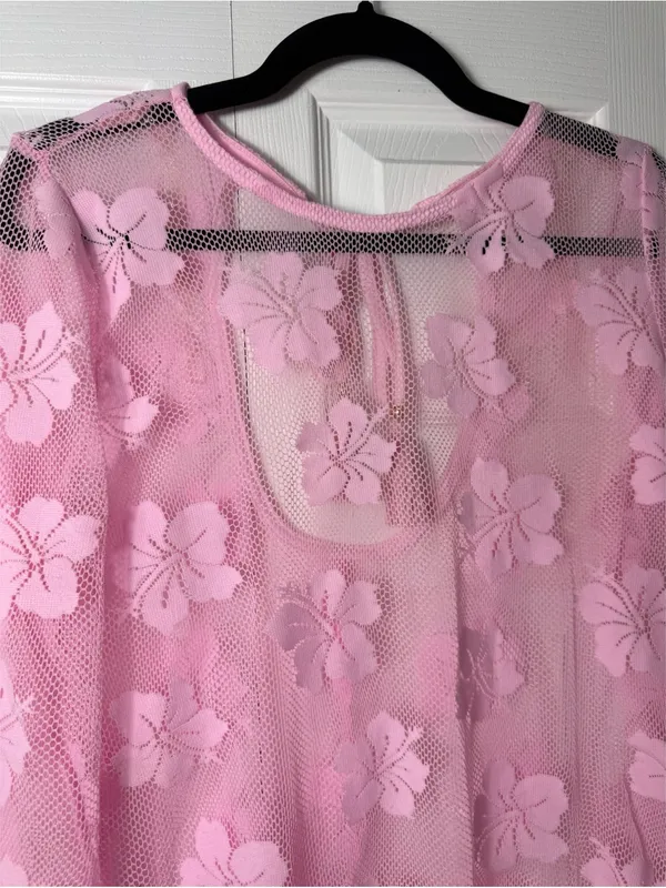 Women's Pink Floral Lace Fishnet Mesh Sheer Long Sleeve Midi Dress Cover Up M/L - Image 9