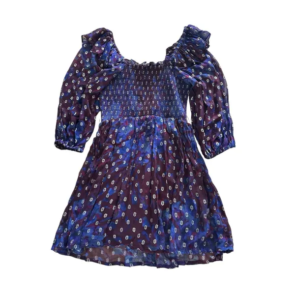 Cleobella‎ Elizabeth Dress Small Purple Blue Metallic Gold Dots Smocked Ruffle - Image 8