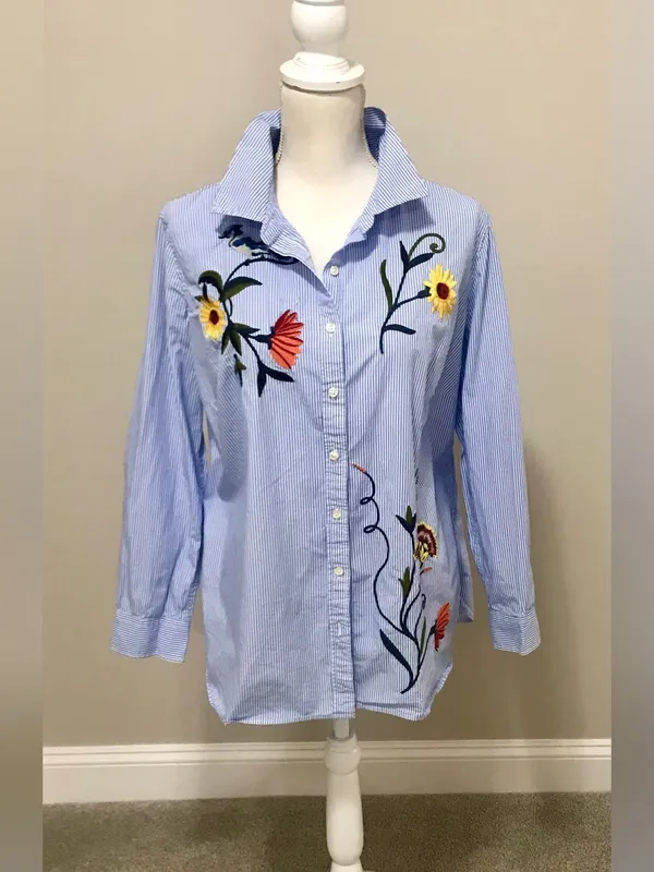 Talbots Embroidered Stripe Button-Down Shirt - Light Blue - Image 4