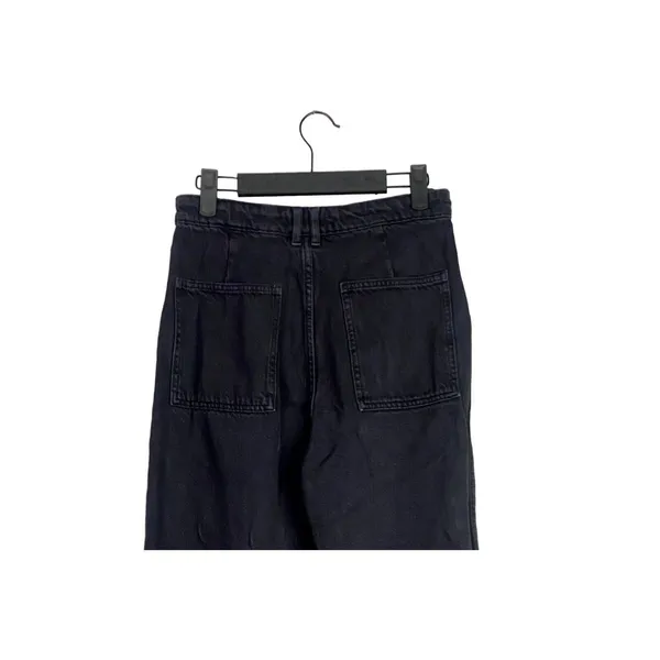 Zara Relaxed Fit Utility Style Wide Leg High Rise Raw Hem Jeans Pockets M Black - Image 4