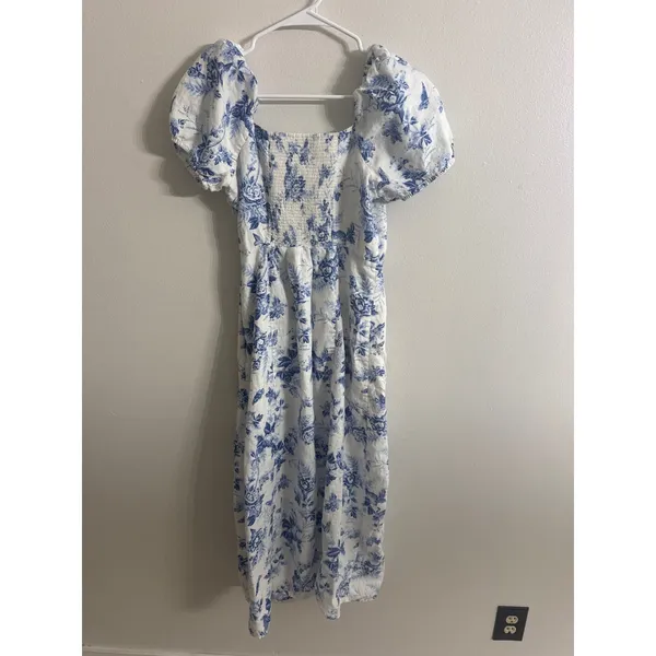 & Other Stories Blue White Floral Toile Linen Puff Sleeve Midi Dress Size 6 - Image 5