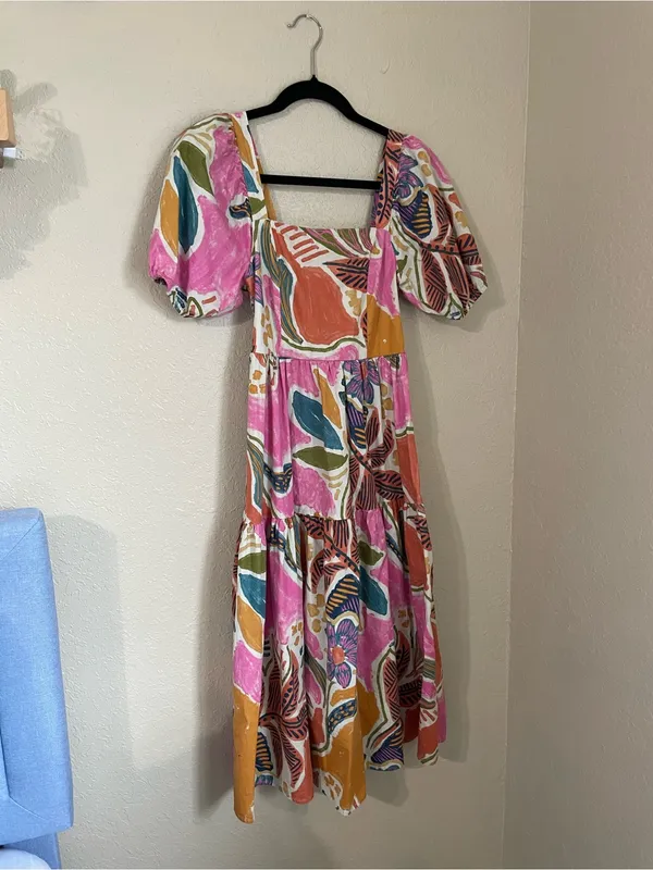 Vibrant Tropical Abstract Print Puff Sleeve Tiered Dress Square Neck Size XS - Image 2